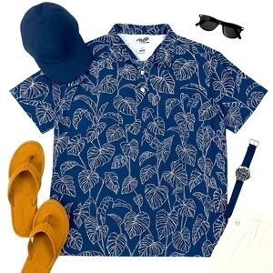 Reyn Spooner Brrrr Performance Golf Sport Tech Navy Monstera Polo 3XL Cool Feel